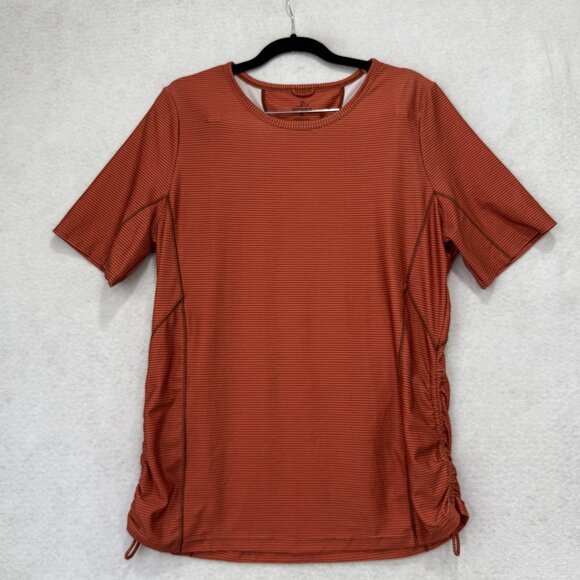Prana Shirt Womens XL Red Striped Short Sleeve Stretch Side Ruched Active Top - Picture 1 of 9